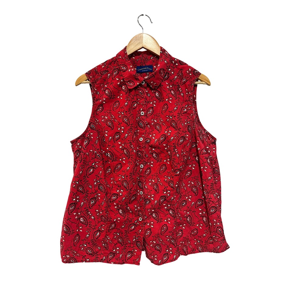 Charter Club Vintage Red Paisley Sleeveless Button Down Shirt Western Bandana